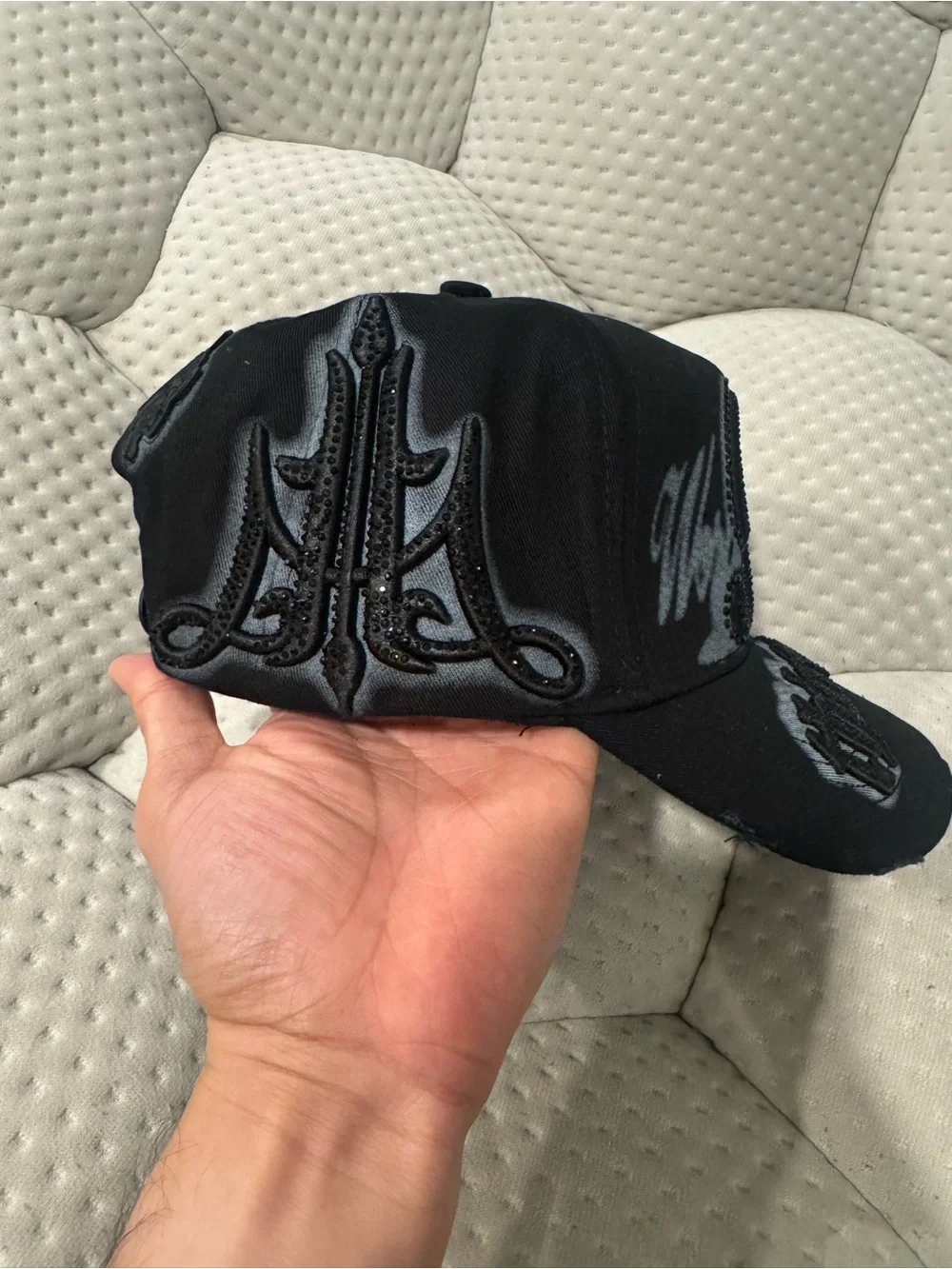 Black Rhinestones Embellished Adjustable Baseball Cap